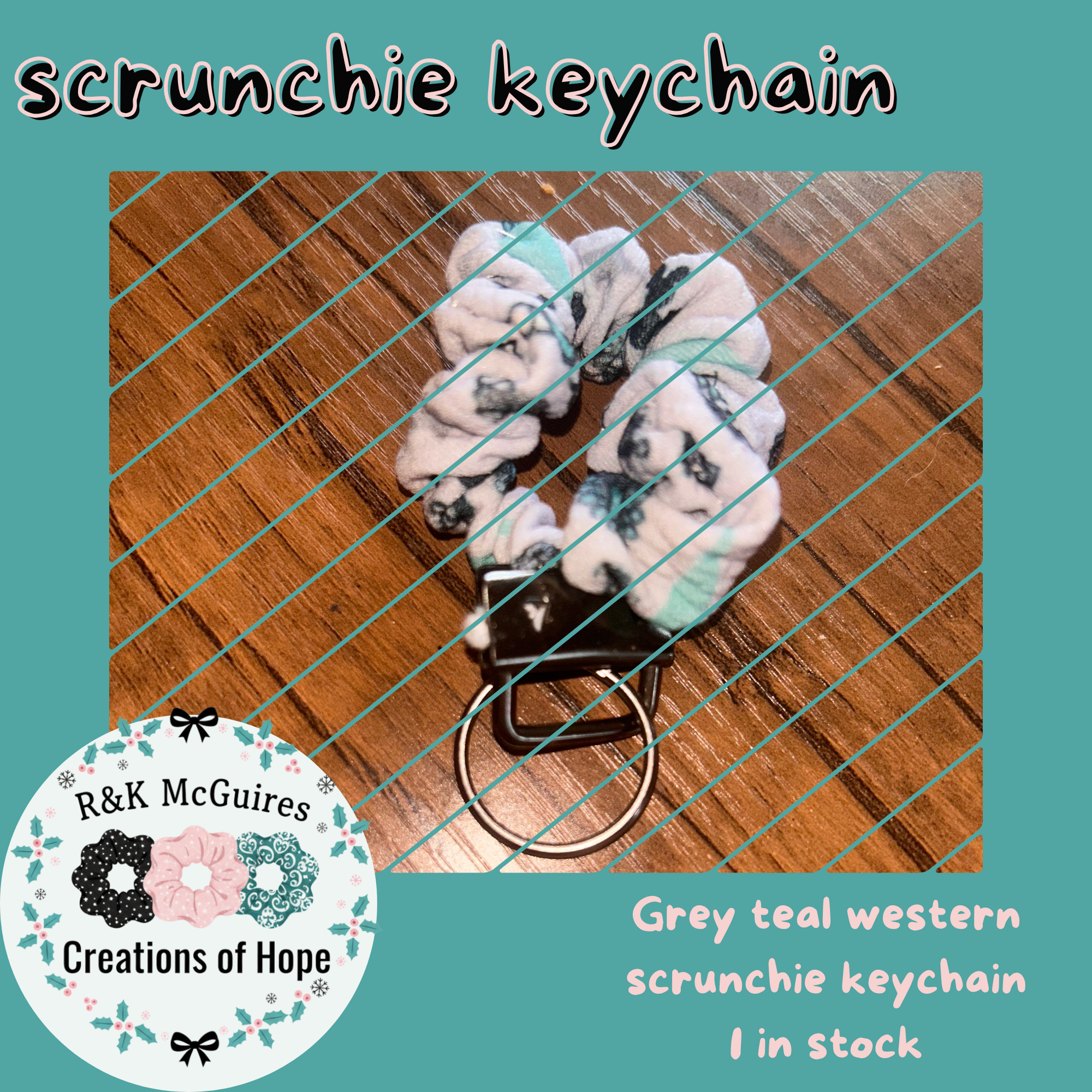 Teal grey western scrunchie keychain